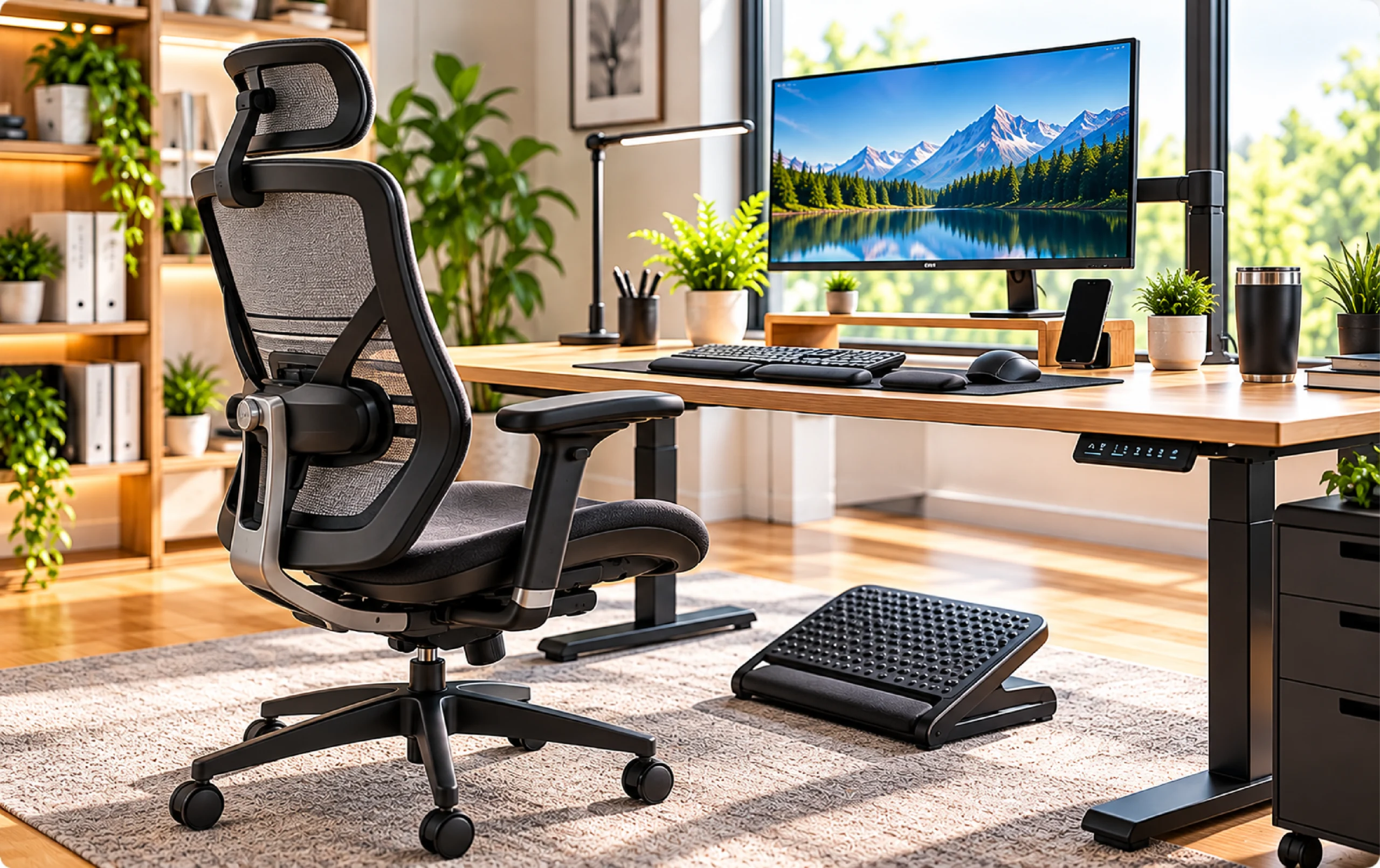 Ergonomic home office setup designed for workspace comfort