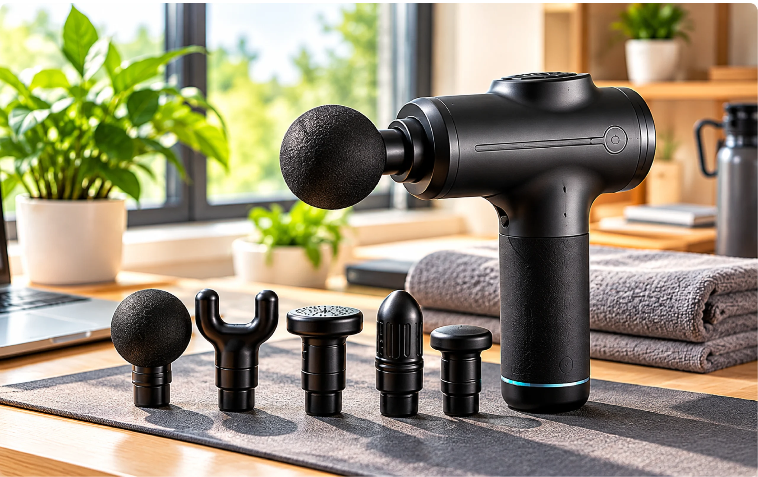 Massage gun and recovery tools arranged for home and office use