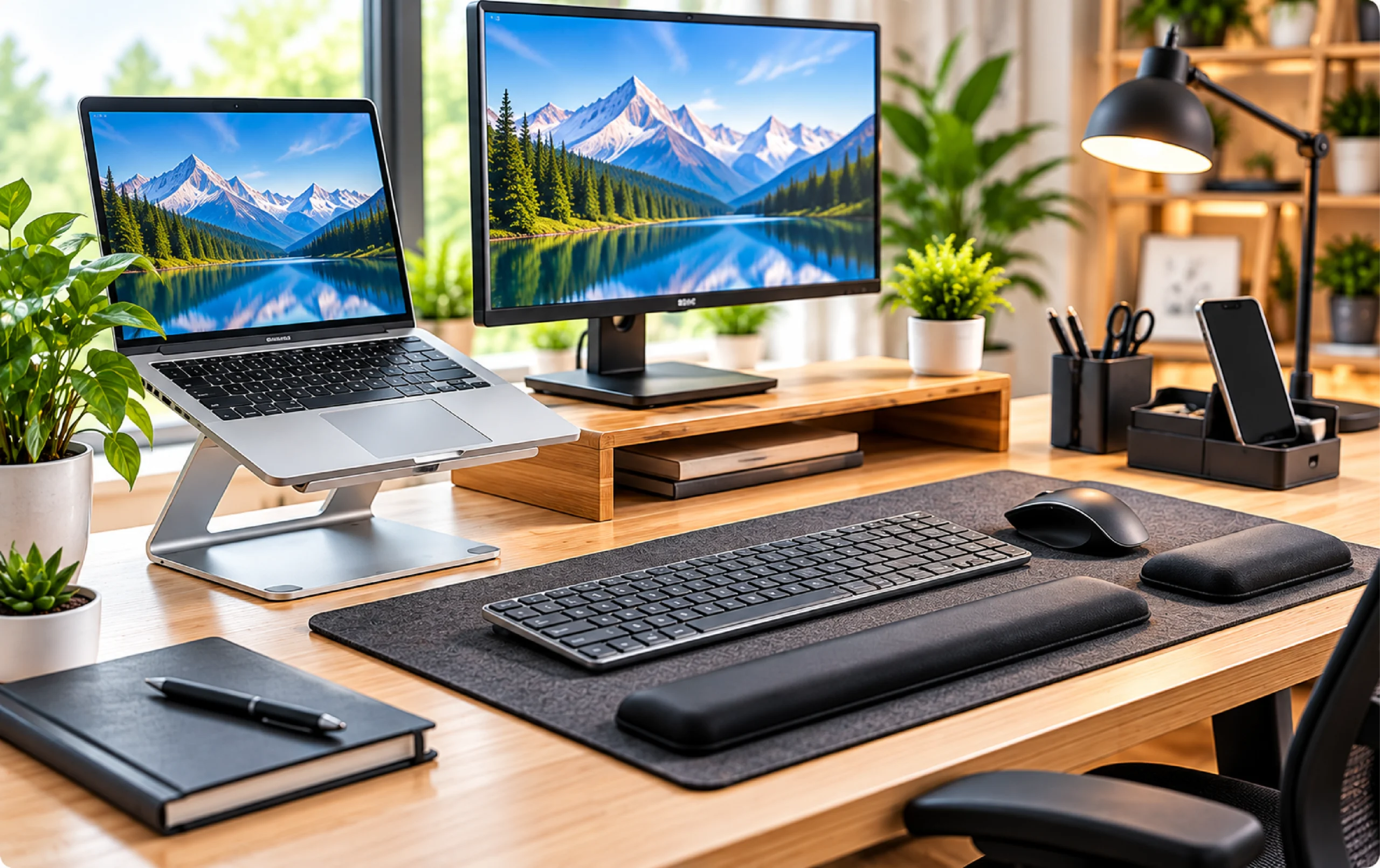 Modern ergonomic home office workspace with desk and accessories
