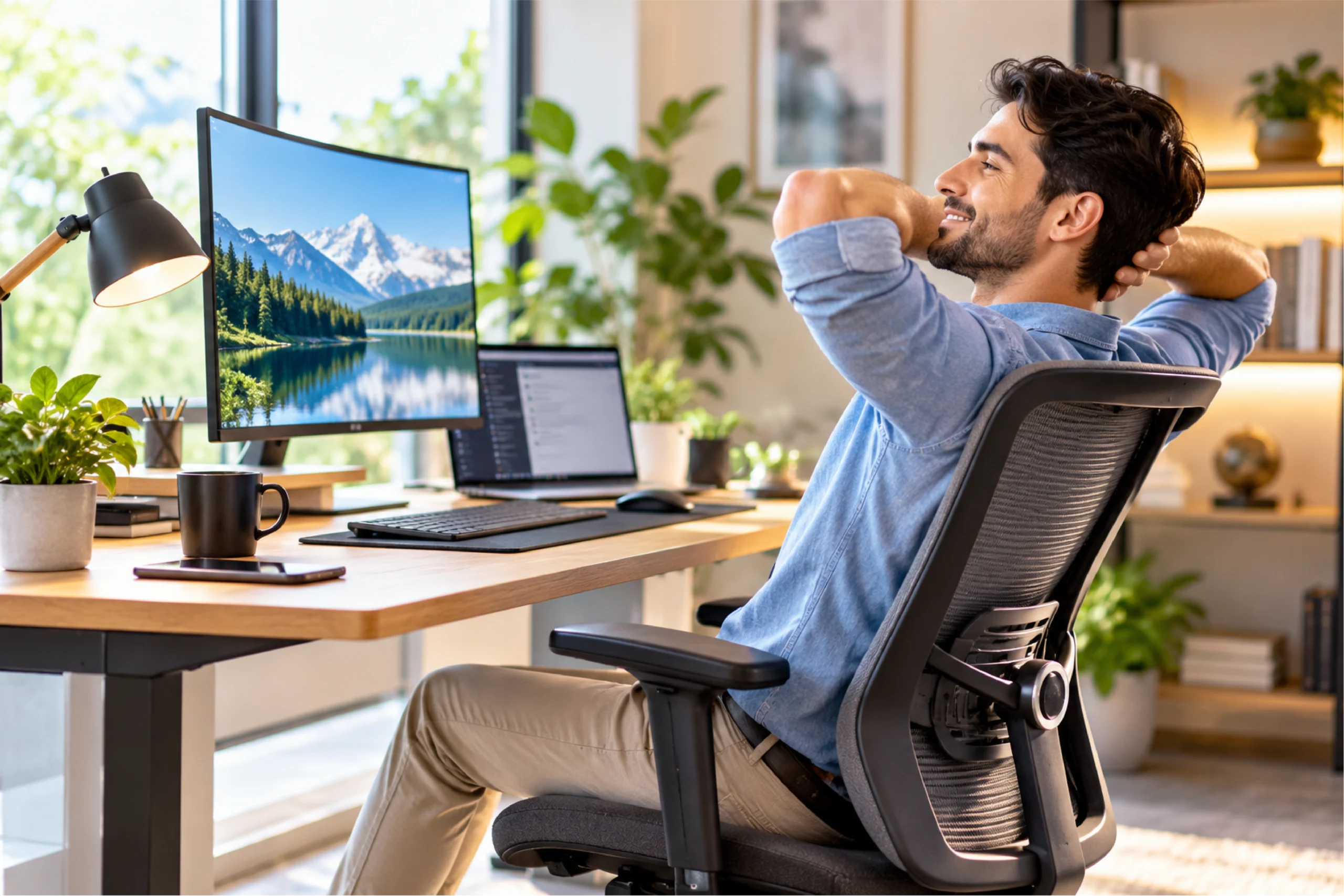 Man relaxing in an ergonomic office chair at a modern home office desk