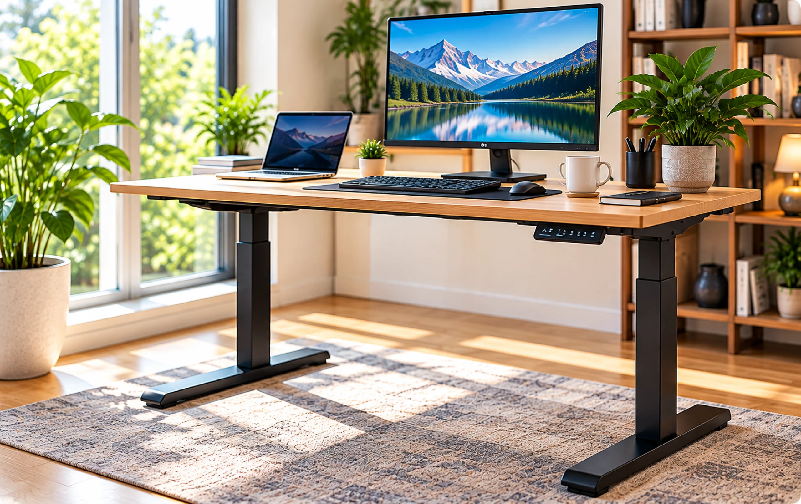 Modern standing desk in a bright and organized workspace